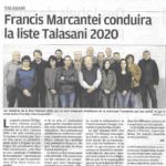 Corse-Matin, article de presse du Mardi 17 Décembre 2019 - "Francis Marcantei conduira la liste Talasani 2020."